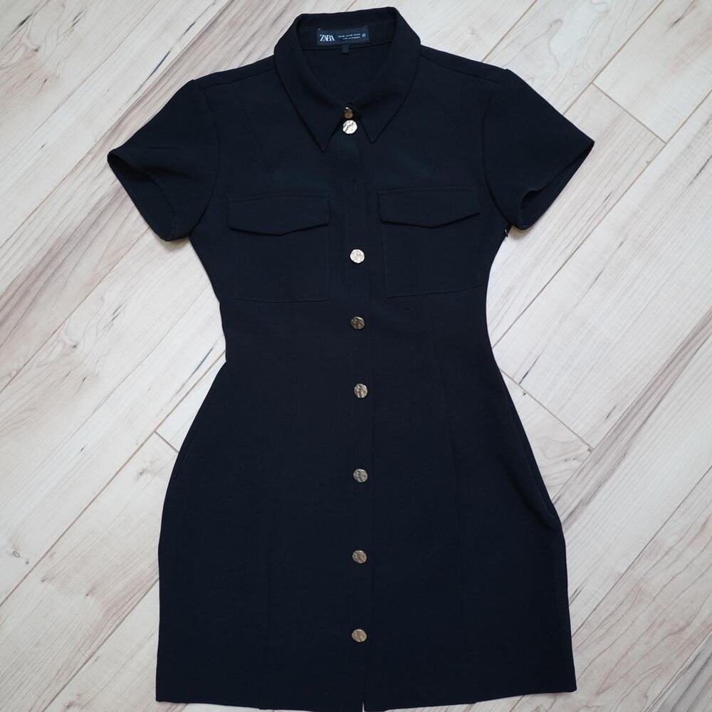 Zara Black Button Front Shirt Mini Dress Gold Buttons Cargo Pockets Y2K Chic XS